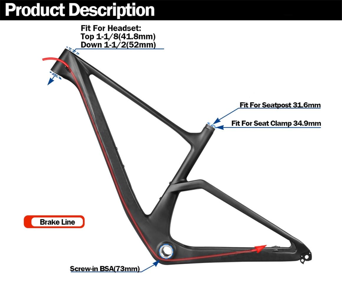 29er Mountain Bike Hardtail Frame 16.3/17.3/19.3/21.3in Carbon Fibre Frame XC Cyclocross Disc Brake Frame 12 * 148mm Thru-Axle Boost Frame BSA BB73mm Internal Routing Max 2.4in(17.3in)