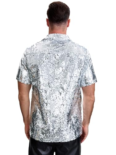 Lars Amadeus Sequin Shirt for Men's Short Sleeve Button Down 70s Disco Party Sparkle Shiny Dress Shirts3