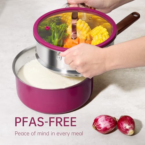 Image of CAROTE 1.5Qt & 3.0Qt Stainless Steel Saucepan Set with Steamer & Ladle, Non-Toxic 3-Ply Stainless Steel Pot with Lids, Small Pots for Cooking, Oven Safe, Induction Compatible Cookware, Purple