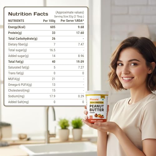 Image of Pintola HIGH Protein ORGANIC JAGGERY Peanut Butter Creamy 510g with 33g Protein & 7g Fiber, Whey Protein Peanut Butter, Gluten Free, Zero Added Salt, Cholesterol Free, 100% Roasted Peanuts (Pack of 2)