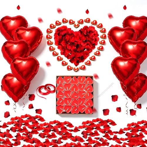 Bougies Romantiques et Pétales,Saint Valentin Décoration,50 Bougies en Forme de Coeur+10 Ballons Coeur Rouges+1000 Pétales de Rose Rouges en Soie,pour...