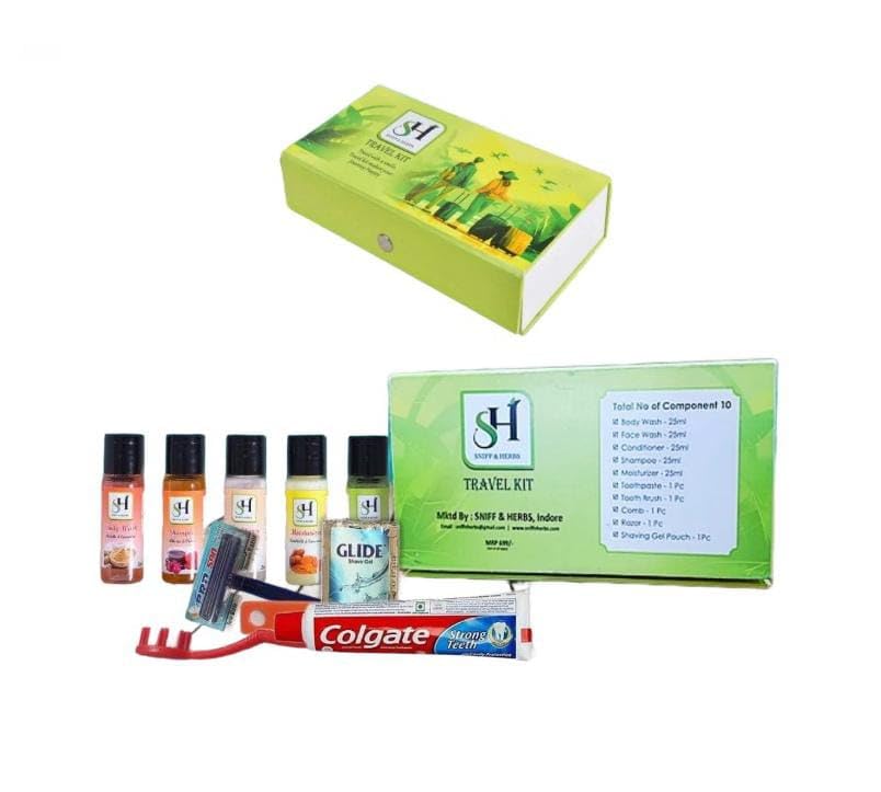 SNIFF AND HERBS Combo pack of Toiletries set | Pack of 10 items contains 1 Shampoo,1 Body Wash, 1 Moisturiser, 1 Face Wash, 1 Conditioner, Travel Kit Bag, Toothpaste, Tooth Brush, Shaving Gel, Razor, Comb | Grooming Travel Kit Men & Women | Hotel Accessories | Hotel Guest House Toiletries Kit | Gift Hamper kit-picture-10