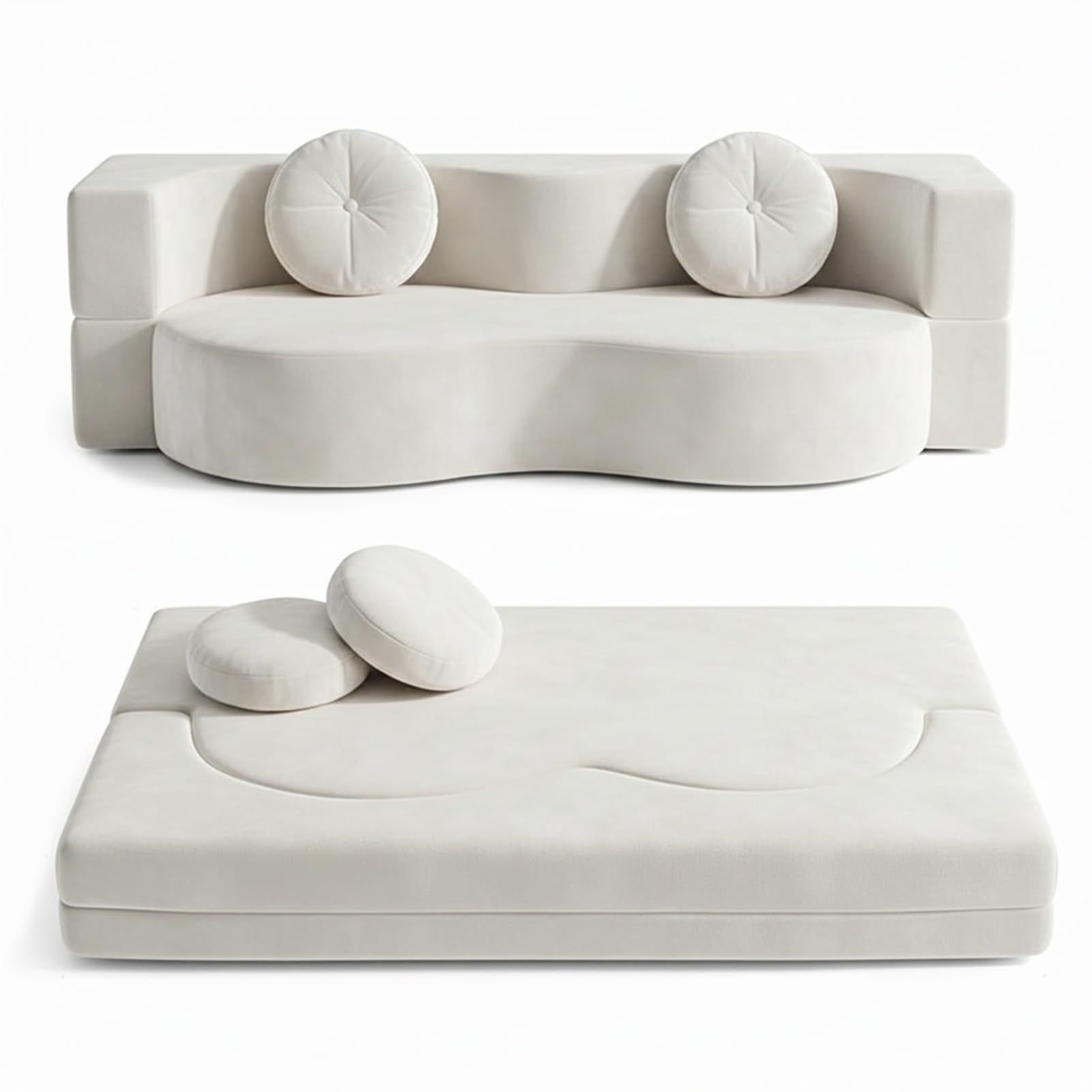 Sofá Sin Huesos, Sofá-Cama Convertible para Sala De Estar, Dos Plazas Comprimido Espuma Alta Densidad, Tela Tejida Desmontable, Ensamblaje, con 2 Almohadas(Blanco,150x100CM)