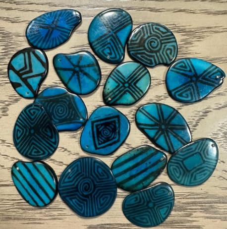 Tagua Slices Tagua Chips 20 Blue and Black Pattern Slices Mix of Blue Colors. Handpainted. Seed Beads Natural Jewelry Making Top Drilled