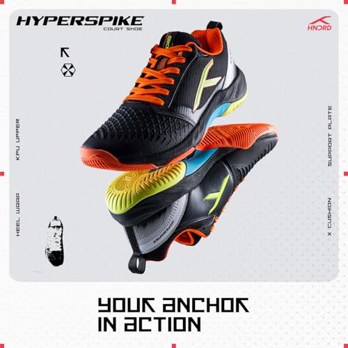 Image of Hundred Hyper Spike Badminton Shoes | Indoor Court Footwear | Active Grip Non-Marking Sole | X-Cushion Midsole | Support Plate Stability | Professional Performance (Black /Orange /Lime /Blue)
