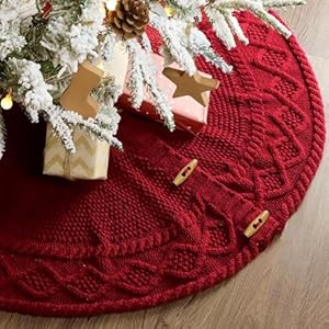 LimBridge Knitted Christmas Tree Skirt 36 Inches Wine Red Tree Skirt Diamond Edge Cable Knit Thick Rustic Christmas Tree Decorations Christmas Decor Xmas Holiday Home Party Decorations