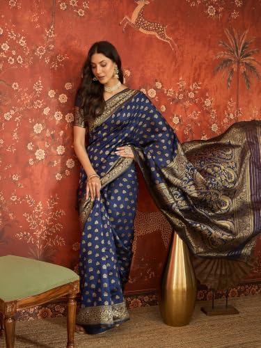 Image of Elegant Banarasi Silk Blend Saree with Gold Zari Woven Floral Border