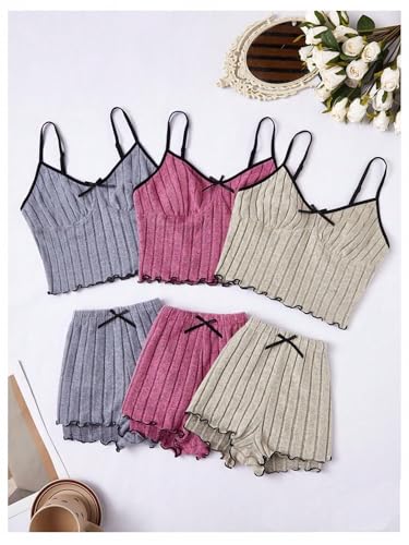 Women's 3 Pack Ribbed Pajamas Set Lettuce Trim Sleeveless Cami Crop Top and Shorts Lounge Set Sleepwear Loungewear3