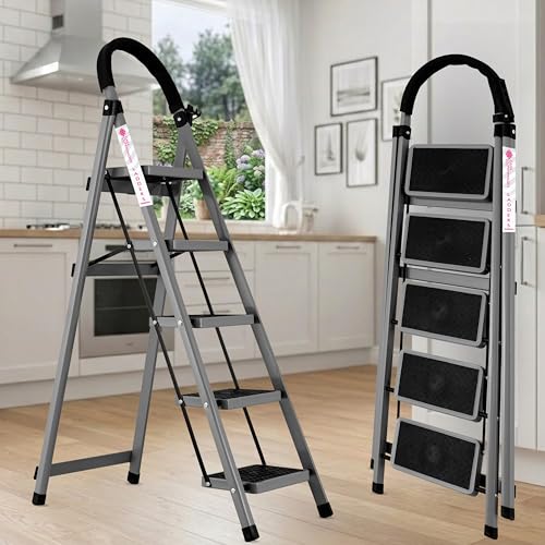 Image of Casa Copenhagen Grey 5 Step Ladder for Home Use with Built-in Tool Tray | Heavy Duty D Shape Rods | Ultra Large Platform | Wide Rubber Feet |150Kg Capacity Foldable Ladder - 7 Years Warranty