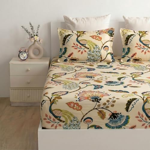 Image of Filymore Peacock Anokhi Print Double Fitted Bedsheet with 2 Pillow Covers | 240 TC Soft Microfiber Elastic Fitted Bed Sheet for Double Bed (72 x 72 Inch Cream, Red & Blue)
