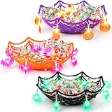 Tioncy 3 Sets Large Halloween Spider Candy Bowls with 3 Lights 3 x 11 Halloween Spider Web Serving Bowls Plastic Cobweb Trick or Treat Food Candy Trays in Orange Black and Purple for Party Supplies