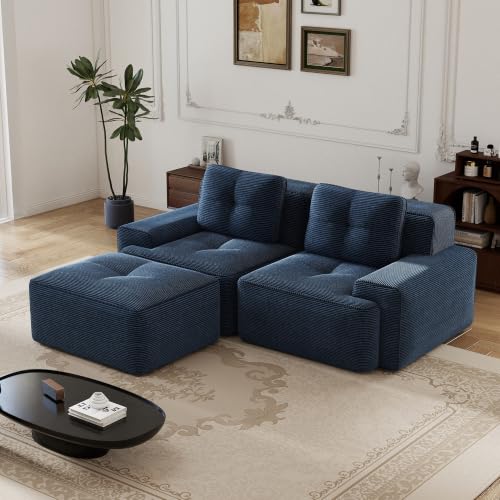 Image of 82 inch L Shaped Modular Boneless Couch with Movable Ottoman, 2 Seat, Soft Corduroy Fabric, Deep Seat Cloud sectional Sofa with Pearl Like Piping and Tufted Design, No Assembly, Anti Slip, Blue