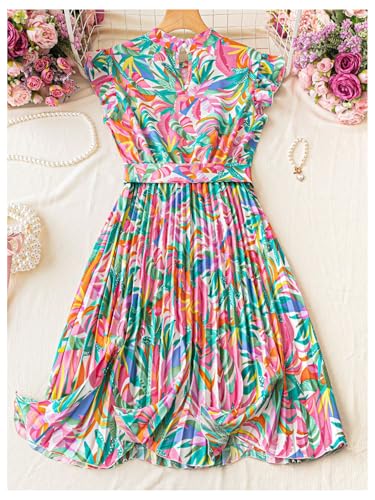 Image of Milumia Women's Floral Print Ruffle Cap Sleeve Short Dress Belted Pleated Casual Dresses