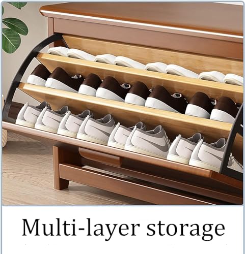 Banc à chaussures en bois massif de 100 cm avec 3 niveaux et tiroirs de rangement