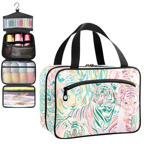 YNNALE Sewing Supply Organizer Bag, Tiger Pattern Wildlife Animal Pink Portable Sewing Bags with Pockets&Hanger, Sewing Storage Box Case for Sew Supplies/Kit/Tools/Accessories (BAG ONLY)