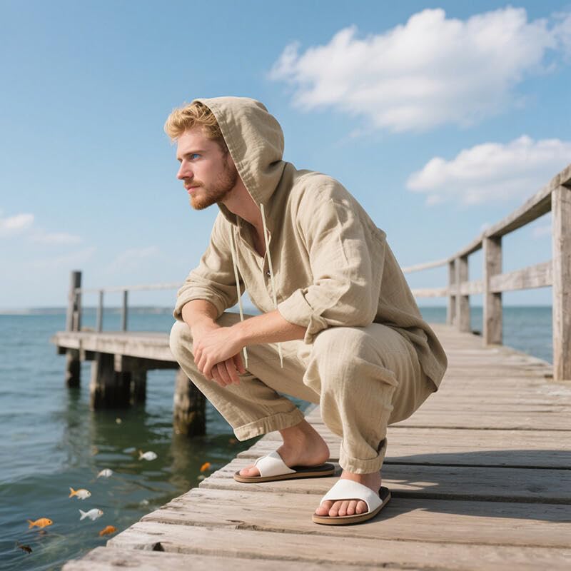 Men's 2 Pieces Cotton Linen Set Casual Long Sleeve Henley Shirts Beach Yoga Pants Summer Outfits4