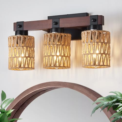 Image of 3 Light Bathroom Vanity Light Fixtures, Rustic Style Farmhouse Wood Bathroom Wall Sconce, Handmade Bamboo Woven Boho Wicker Basket Lamp Shade,Suitable for Bedroom, Hallway, and Living Room