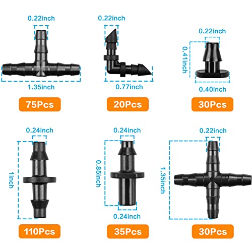 300-Pcs-Barbed-Connectors-Irrigation-Fittings-Kit-Drip-Irrigation-Fittings-14-Tubing-Connectors-for-Drip-or-Sprinkler-Systems-Couplings-Single-Barbs-End-Plugs-Elbows-Tees-4-Way-Coupler