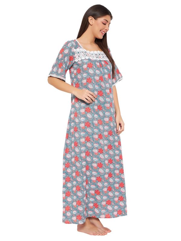 Image of Clovia Women's Rayon Printed Long Night Dress in Grey Colour