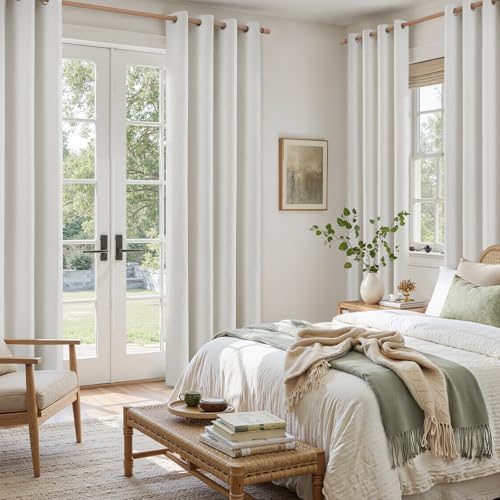 Image of HOMEIDEAS 100% Blackout Ivory Cream Linen Curtains 52W x 84L 2 Panels