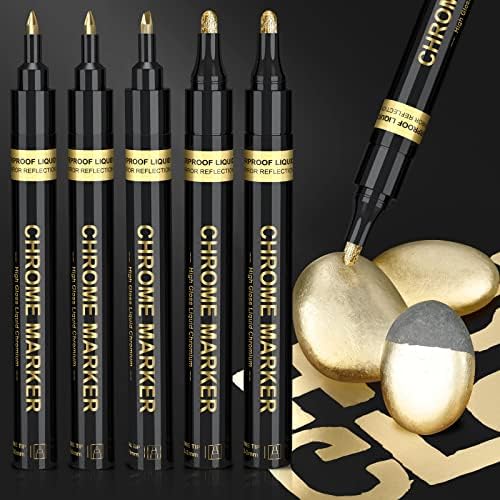 KERIFI Art Liquid Gold Chrome Markers, Reflective Gloss Metallic Chrome Marker Set, Supper Golden Mirror Marker Permanent, Touch Up Repair Paint Pen for Model Rocks Metal Glass Plastic (5pack, 1-3mm)