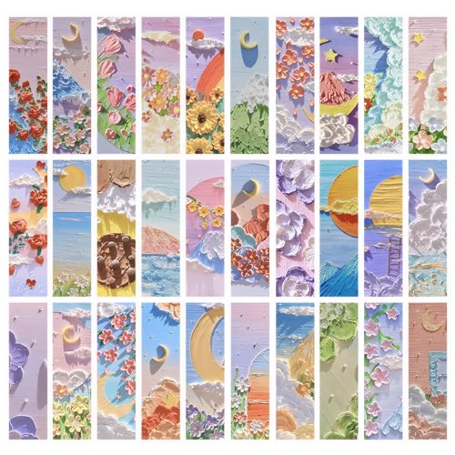 BLOOPIC しおり ブックマーク 油絵 絵画 アート 紙製 30枚セット おしゃれ アート風 フラワー ブックマーク 油絵風 メッセージカード 手作り感 ギフト 卒業祝い 学生向け プレゼント 読書好き 贈り物に最適 高級感 文房具セット (A)