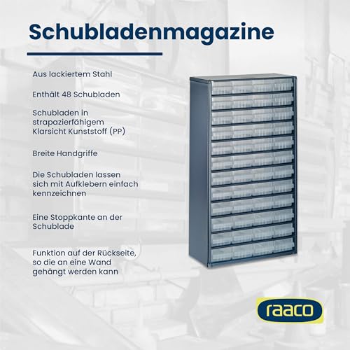 raaco Kleinteilemagazin C12-48 mit 48 Schubladen, Tragkraft 39.6 kg, 15 x 30.6 x 55.2 cm, geeignet für Wandmontage, Schraubenregal für Kleinteile für Werkstatt Ordnungssystem