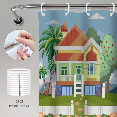 Image of Blue Theme Cartoon House Palm Tree 60x72 Shower Curtain with Hooks | Cartoon House Palm Tree Print On Blue Backdrop, Polyester Curtain With Grommets Hooks For Bathroom Bathtub Decoration