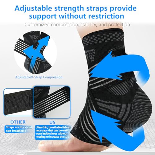 Image of DRNAIETY Copper Ankle Brace for Men & Women - 1 Pair Adjustable Ankle Support Compression Sleeve for Plantar Fasciitis, Achilles Tendonitis, Foot Pain, Swelling, Sprains - Everyday Use (Black, Small)