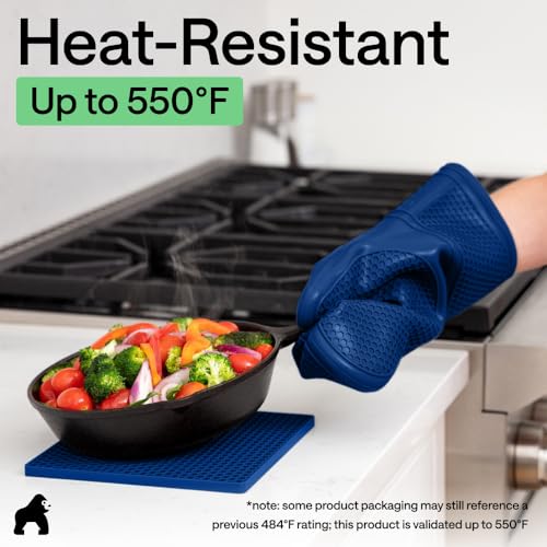 Image of GORILLA GRIP BPA-Free Soft Silicone Oven Mitts and Pot Holders Sets of 4, Heat Resistant Waterproof Cooking Gloves, Thick Cotton Lining, Flexible Gripping for Baking Grilling, Kitchen Trivets, Blue