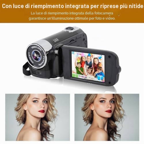 Videocamera per Videocamera Full HD 1080P, Zoom Digitale 16X da 16 MP, Schermo Ruotabile TFT da 2,7 Pollici, con Luce di Riempimento e Porta USB (Nero)