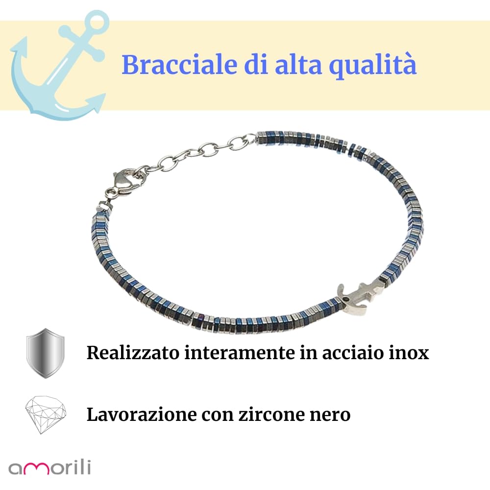 Bracciale Uomo Ancora in Acciaio Inox Blu con Zircone | Braccialetto Nautico Marinaro Elegante e Regolabile | Gioiello Maschile Simbolo di Forza e Libertà | Idea Regalo per Uomo di Mare bcc1853b