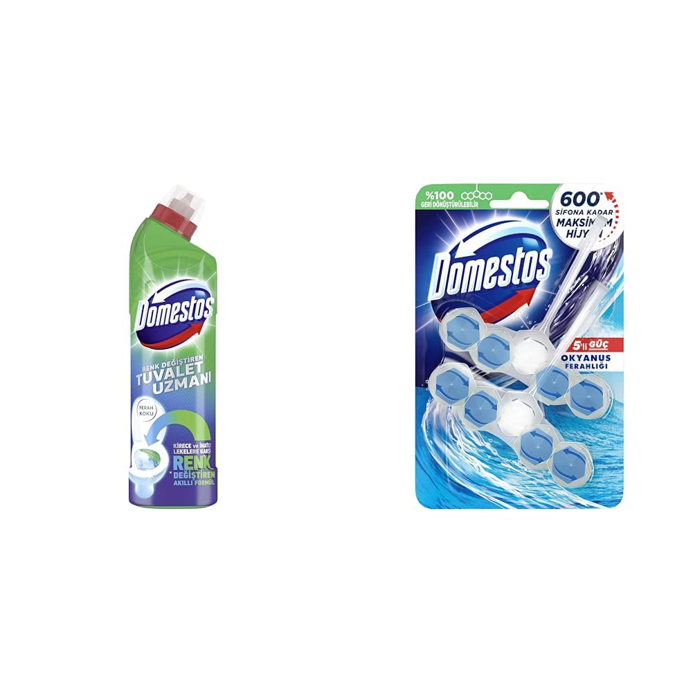 Domestos Tuvalet Temizleyici Renk Değiştiren Tuvalet Uzmanı Kireç Çözücü 750 ml 1 Adet(1) Domestos Okyanus Ferahlığı 5'li Güç Duopack Tuvalet Bloğu (1 x 2 Adet)(3)