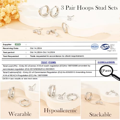 DORANA 3 Pair 925 Sterling Silver Studs Hoop Earrings Set for Women Hypoallergenic Silver Earring Stacks Small Stud Hoops Earrings Sets for Multiple Piercings Jewelry Gifts - Image 5