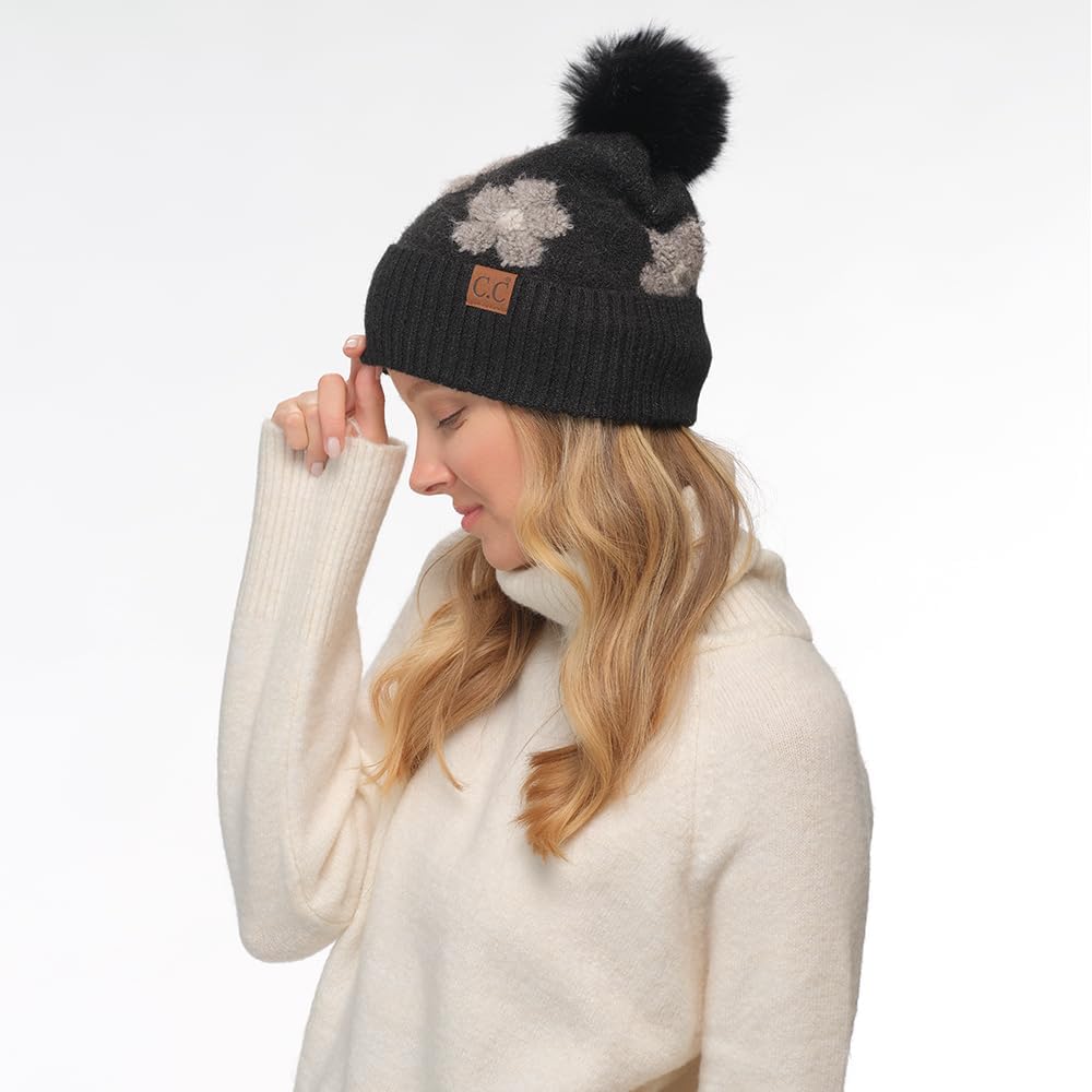 C.C Southwest Pattern Pom Beanie for Women Unisex - Stretchable Soft Warm with Faux Fur Pom Knit Winter Skully Hat
