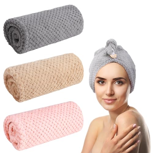Halinuia Asciugamani per Capelli a Turbante,3 Pezzi Turbante Asciugacapelli,Asciugamano Capelli Turbante in Microfibra Asciugamano per Capelli con Bottone,Turbante per capelli per Donna