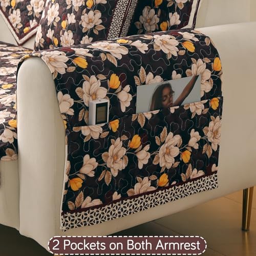 Image of HOKIPO 'Florentina Series' Premium Holland Velvet Sofa Arm Cover with Foam Filling & Anti Slip Backing | 2 Pcs | Camellia Brown (IN-876-V2*2S)