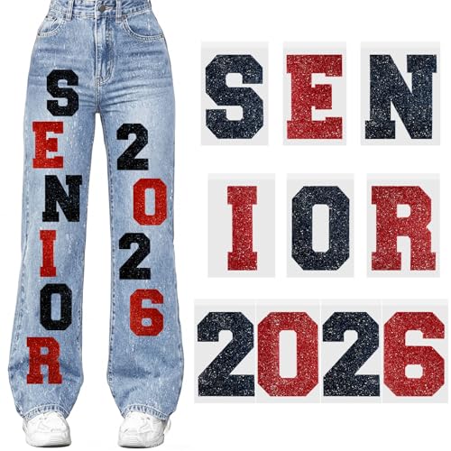 Zeyune 10 Pcs 4 in Senior 2026 Letters Iron-On Decals for Jeans Glitter DIY Iron-On Patches 2026 for Graduation Jeans Pants Sweatpants and Clothing Heat Transfer Senior Stuff(Red Black)
