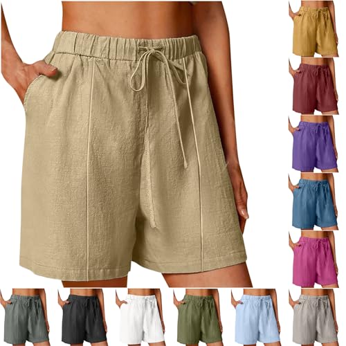 Linen Shorts for Women High Waisted Lightweight Casual Summer Drawstring Short Pants Beach Vacation Outfit W Pockets