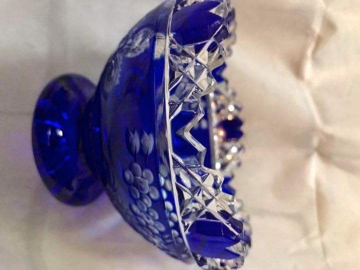 マイセン本店購入 ギヤマン切子クリスタル高台シャーベット皿紺碧色 極