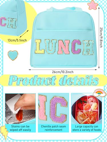 Preppy School Backpack Set for Girls Backpack and Lunch Bag with Chenille Patches Preppy Bookbag Lunch Bag for Back to School Gift(Light Blue)3
