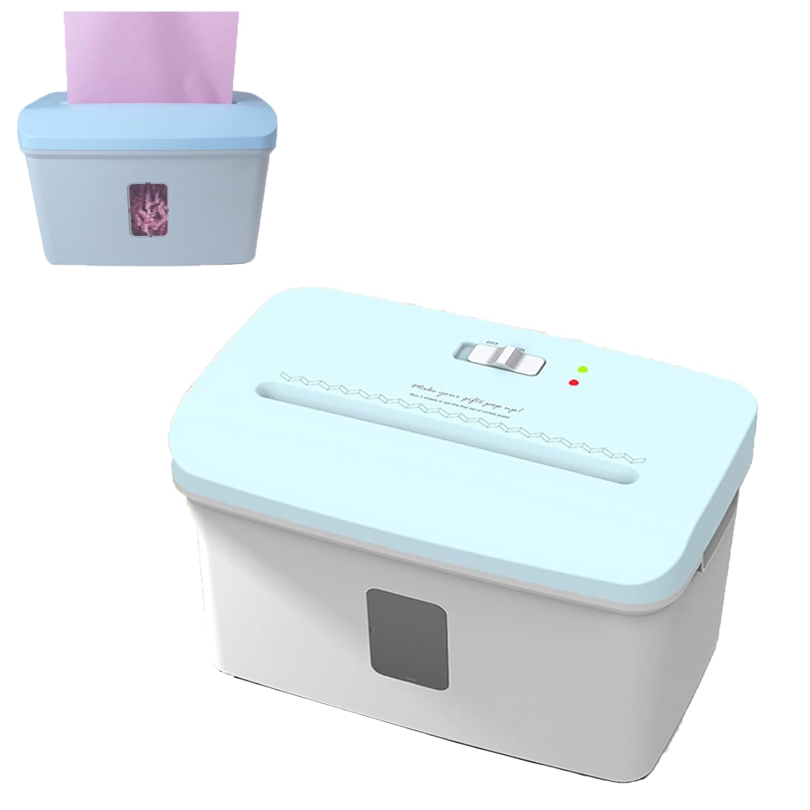 Trituratore compatto con cestino trasparente, include spazzole di ricambio e carta di rafia, ideale per confezioni regalo e decorazioni per feste