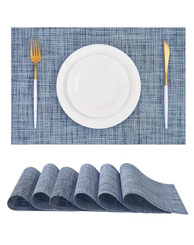Leetaltree Deep Navy Woven Placemats Set of 6 - Heat Resistant Non-Slip Place mats for Dining Table, Washable Durable PVC Vinyl Woven Table Mats(Deep Navy, 6)
