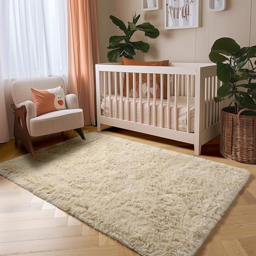 Amdrebio Beige Area Rugs for Bedroom Kids Room, 5x7 Fluffy Plush Shag Furry Cute Rug for Living Room Decor Aesthetic, Soft Shaggy Fuzzy Neutral Tan Carpet for Teens Baby Nursery Playroom Preppy Dorm