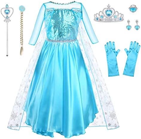 URAQT Kostüm Kinder Mädchen, 9-teiliges Set Kleid Kinder mit Krone Diadem Handschuhe Zauberstab für Weihnachten Verkleidung Karneval Halloween Geburtstag Party