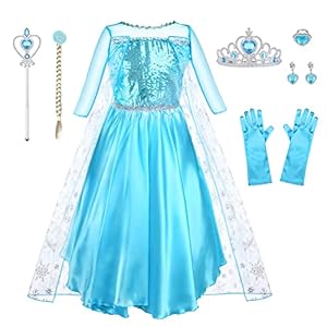 URAQT Disfraz Elsa, Disfraz Princesa Niña con Accesorios de Cosplay, Vestido Princesa Elsa con Capa de Copos de Nieve Brillantes, Disfraz Niña para Halloween Cosplay Cumpleaños Carnaval