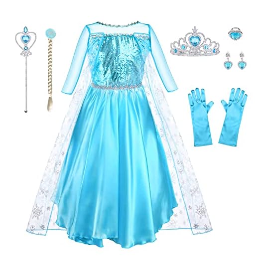 URAQT Disfraz Elsa, Disfraz Princesa Niña con Accesorios de Cosplay, Vestido Princesa Elsa con Capa de Copos de Nieve Brillantes, Disfraz Niña para Halloween Cosplay Cumpleaños Carnaval, 110cm