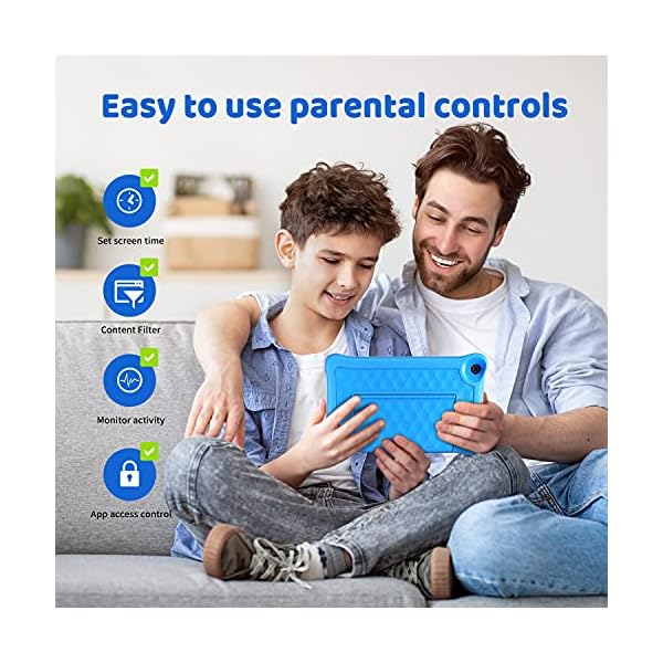 HAPPYBE 8 inch Kids Tablet, 8" Display, 1080p Full HD, Quad Core Android 10, 32GB, Parental Control, Kidoz Installed, WiFi, Dual Camera Google Play, YouTube, Children’s Tablets, Kid-Proof Case (Blue)