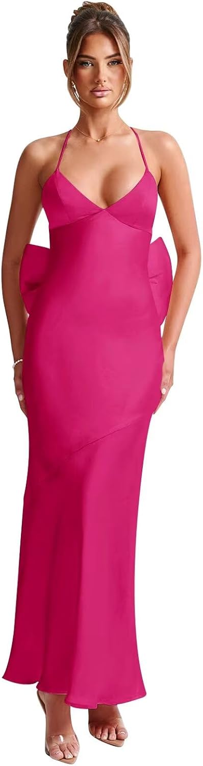 Satin Long Prom Dresses for Women Mermaid Wedding Dress Satin Backless Formal Evening Gown with Bow