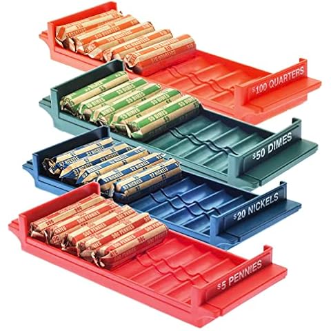 Nadex Rolled Coin Storage Organizer Tray Set with Ridges for Loose Coins | Quarters, Dimes, Nickles, and Penny Color Coded Trays Cover